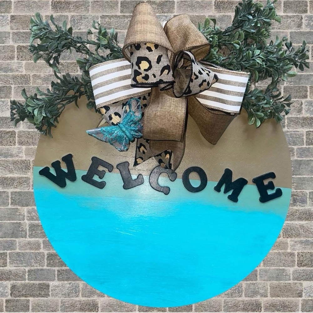 Welcome Sign with Bow and Greenery
